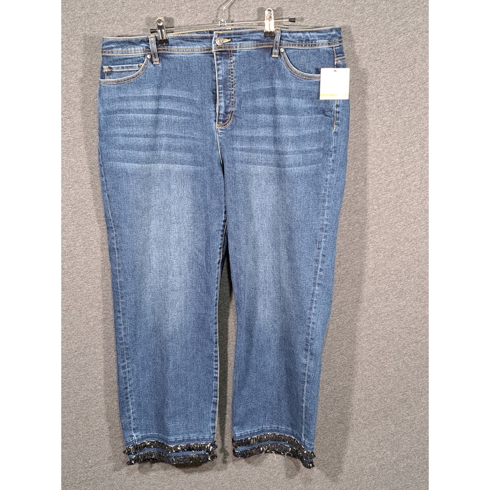 John Mark Women Medium Wash Tweed Fringe Hem Straight Leg Jeans Size 16W NEW